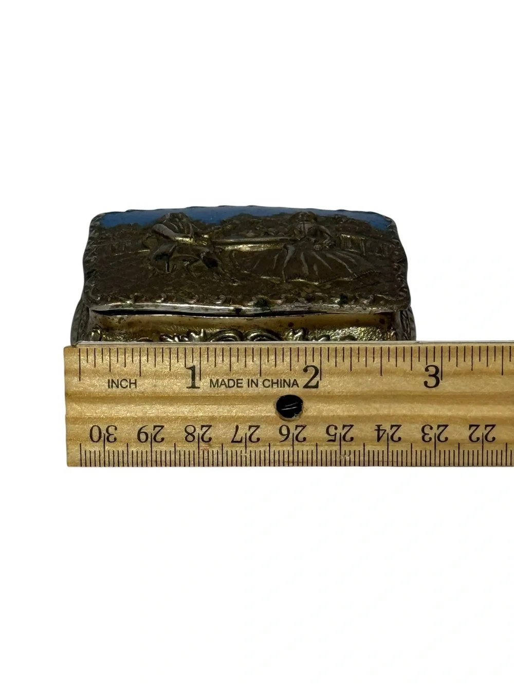 Vintage Repousse Metal Enamel Trinket Jewelry Box Courting Couple Made in Japan